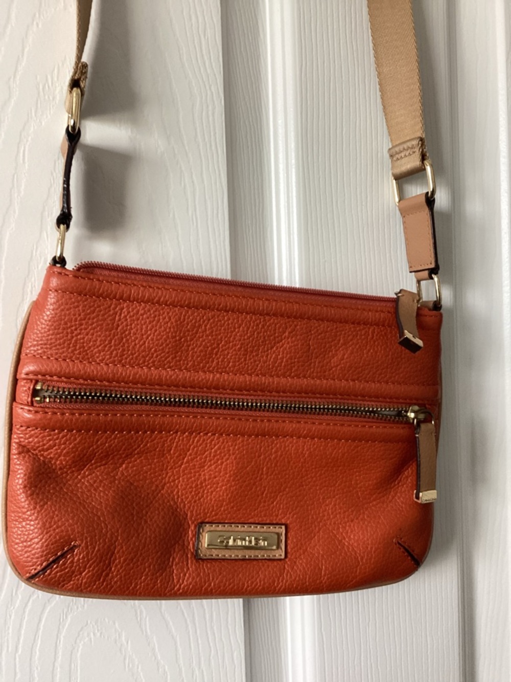 Calvin Klein Orange Pebbled Leather Crossbody with Tan Strap